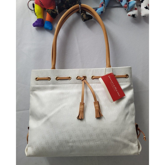 Dooney & Bourke White Canvas Leather Trim Double Handle Tassel Tote Bag - Picture 7 of 16